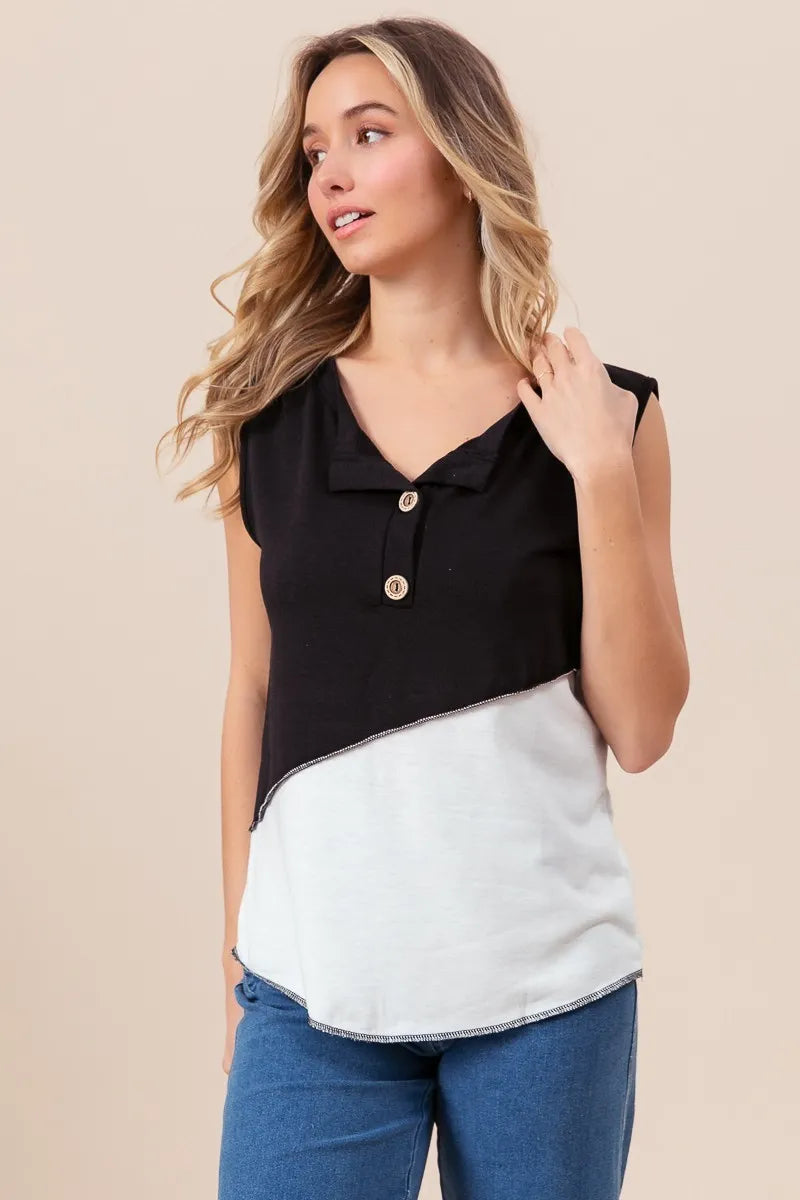 Image of BiBi Color Block Contrast Stitching Buttoned Henley Top | Queeble.shop