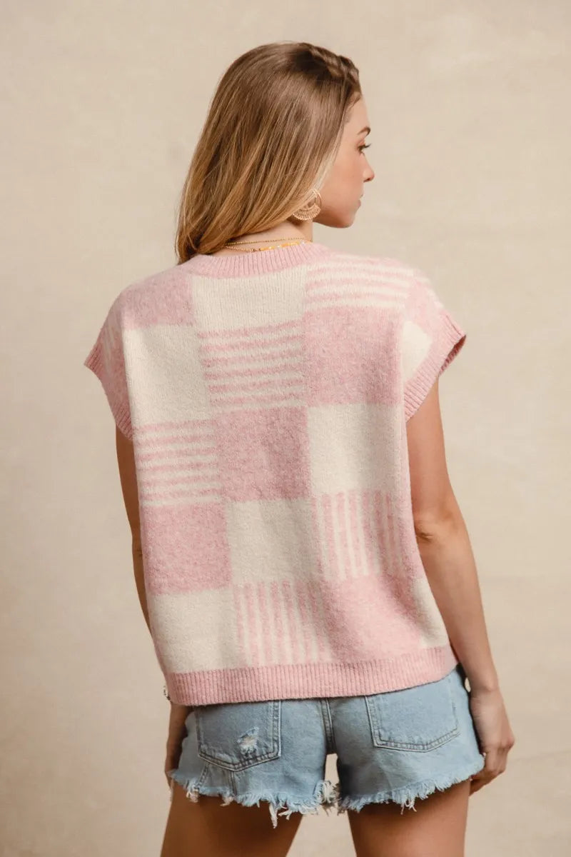 Image of BiBi Checker With Stripes Pattern Sleeveless Sweater | Queeble.shop