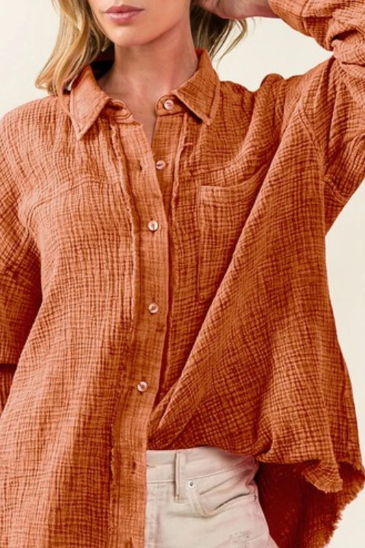 Image of BiBi Raw Edge Detailed Mineral Washed Loose Fit Shirt | Queeble.shop