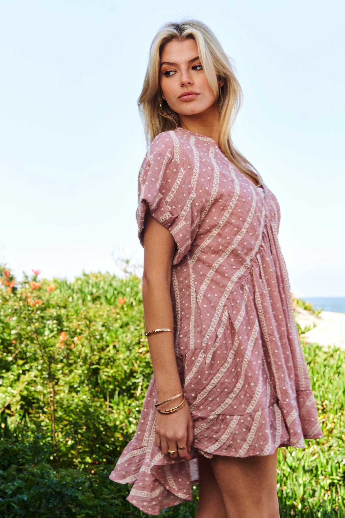 Image of Davi & Dani Embroidery V Neck Short Sleeve Ruffled Mini Dress | Queeble.shop