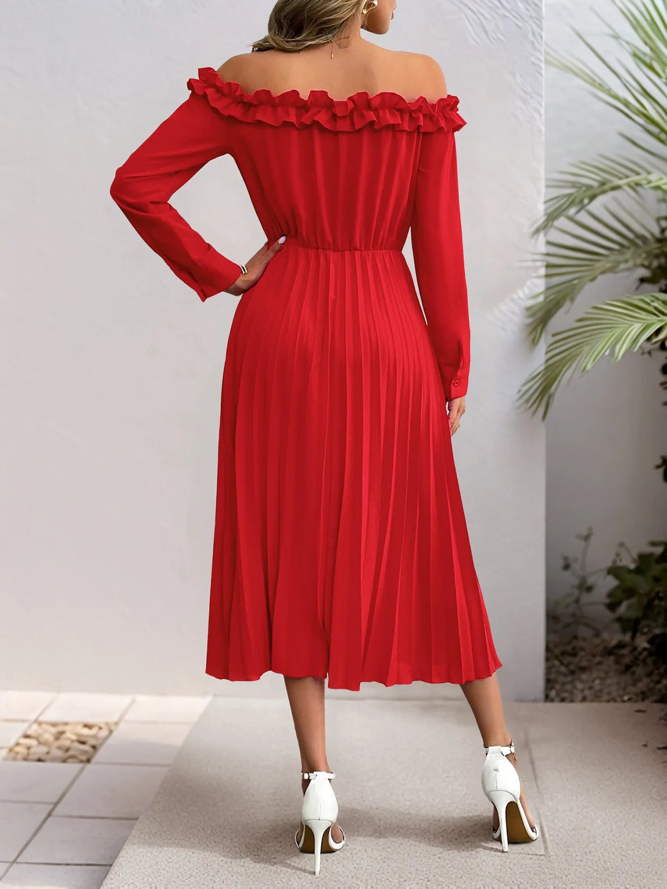 Image of Off-Shoulder Ruffle Pleated Midi Dress | Queeble.shop