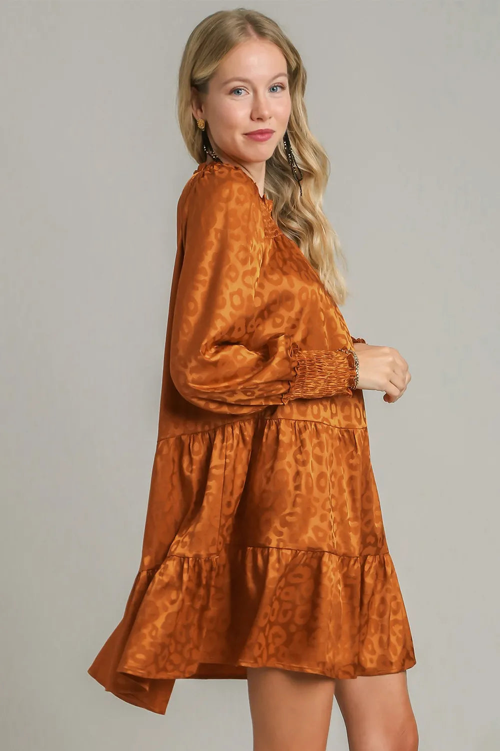 Image of Umgee Smocked Leopard Long Sleeve Tiered Dress | Queeble.shop