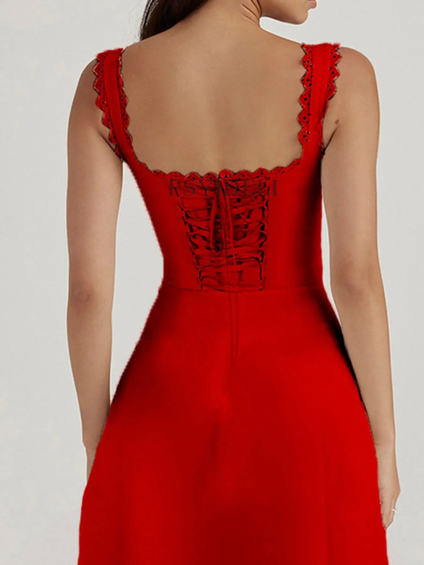 Image of Scalloped V-Neck Midi Dress with Back Lace-Up | Queeble.shop