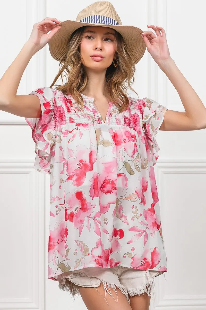 Image of BiBi Floral Print Flutter Sheer Top | Queeble.shop