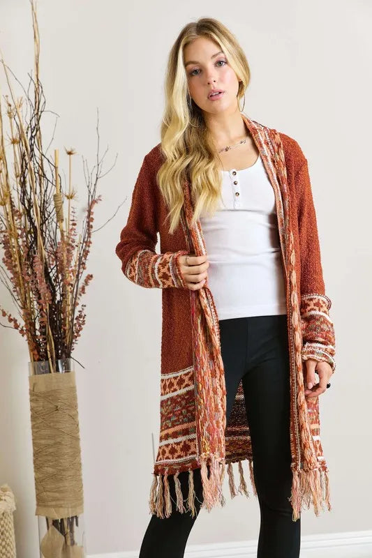 Image of ADORA Full Size Fringe Hem Aztec Border Cardigan Plus Size | Queeble.shop