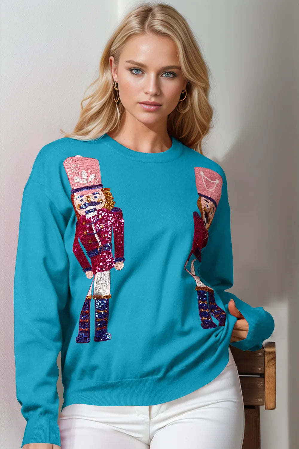 Image of Double Take Full Size Nutcracker Sequin Long Sleeve Sweater | Queeble.shop