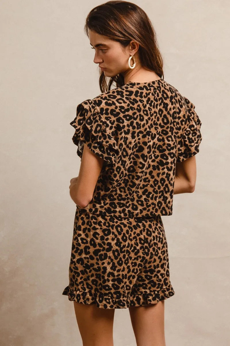 Image of BiBi Leopard Print Waffle Texture Layered Ruffle Sleeve Top and Shorts Set | Queeble.shop