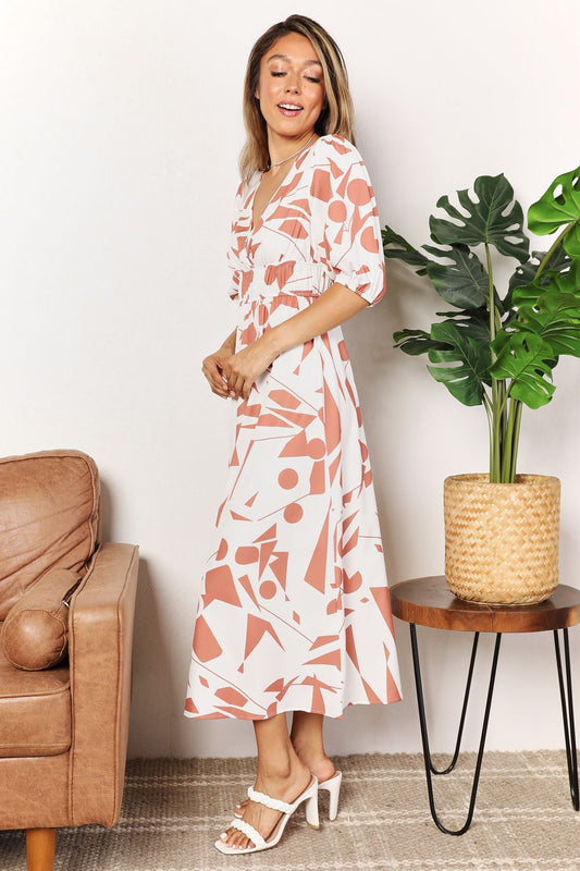 Image of Printed Surplice Balloon Sleeve Dress | Queeble.shop