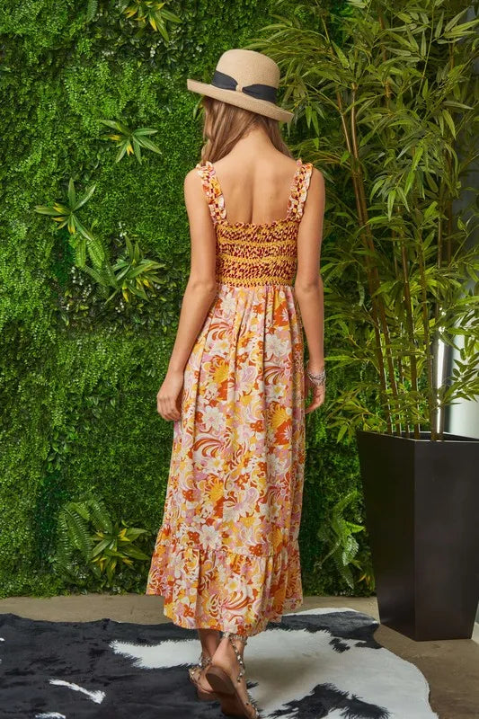 Image of Davi & Dani Multi Smocked Bodice Geo Ruffle Strappy Midi Dress | Queeble.shop
