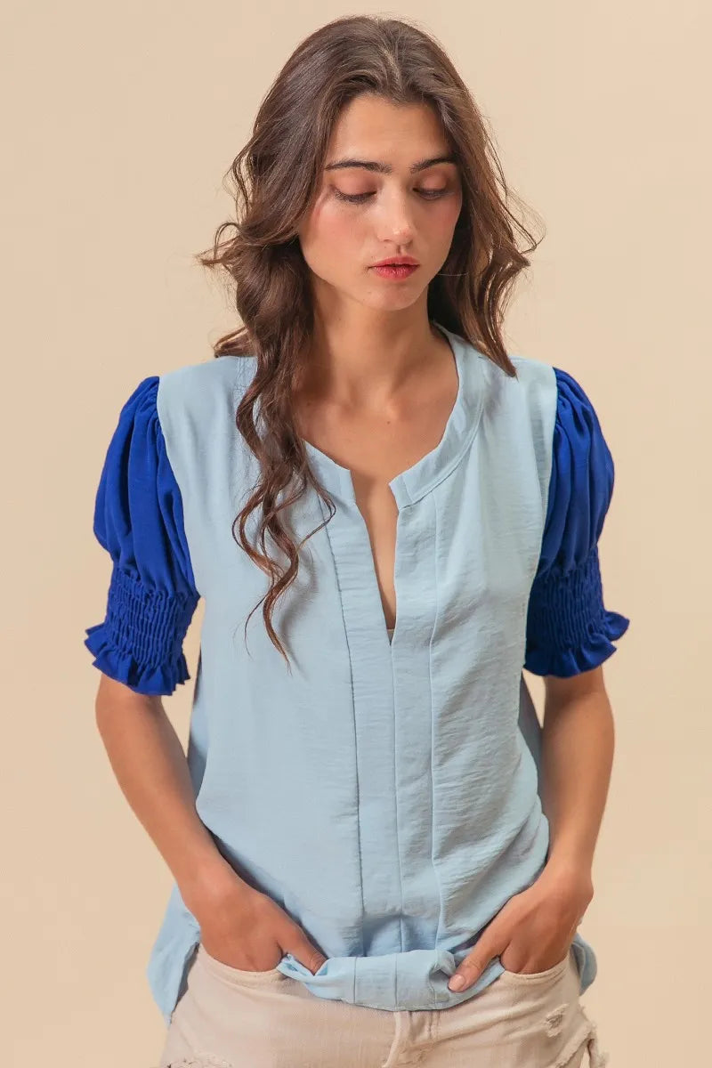 Image of BiBi Air Flow Color Block Puff Sleeves V Neck Top | Queeble.shop