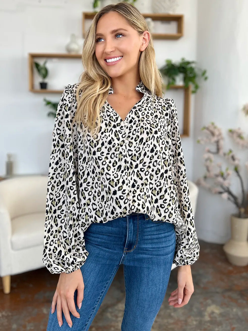 Image of Double Take Full Size Leopard Long Sleeve Blouse | Queeble.shop