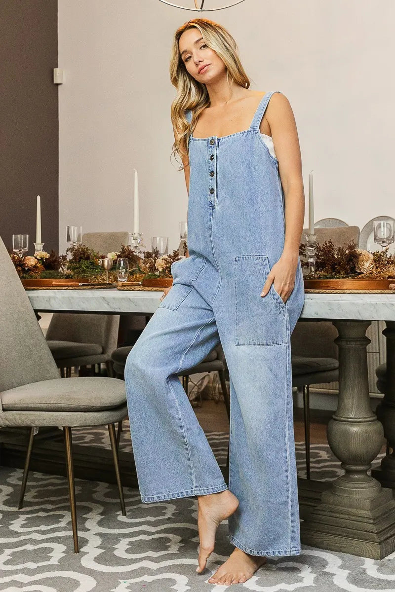 Image of BiBi Washed Denim Buttoned Overall Jumpsuit | Queeble.shop