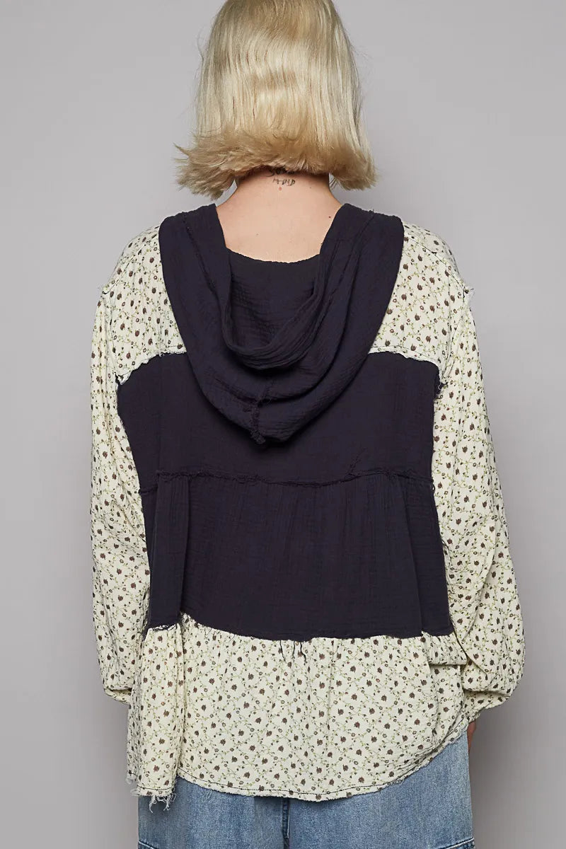 Image of POL Color Block Printed Frayed Hem Hooded Shacket | Queeble.shop