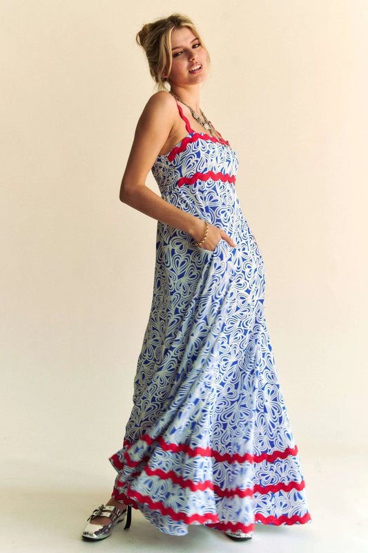 Image of Davi & Dani Geo 2 Tone Printed Wavi Trim Tiered Maxi Dress | Queeble.shop