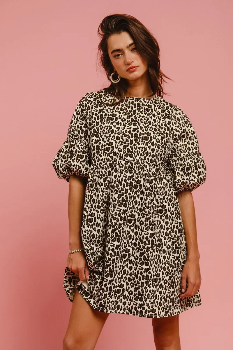 Image of BiBi Leopard Denim Dress With Back Contrast Tie Detail | Queeble.shop