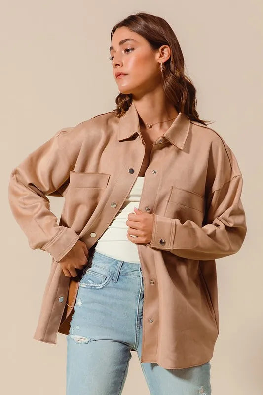 Image of SO ME Faux Sued Snap Shacket with Collar and Pockets | Queeble.shop