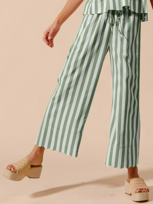 Image of SO ME Front Tie Stripe Puff Sleeves Top and Wide Leg Pants Set | Queeble.shop