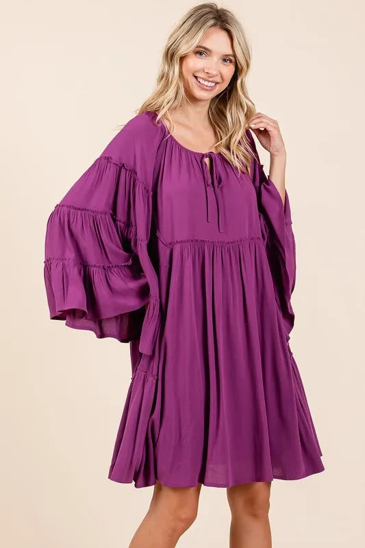 Image of Mittoshop Frill Tie Neck Bell Sleeve Dress | Queeble.shop