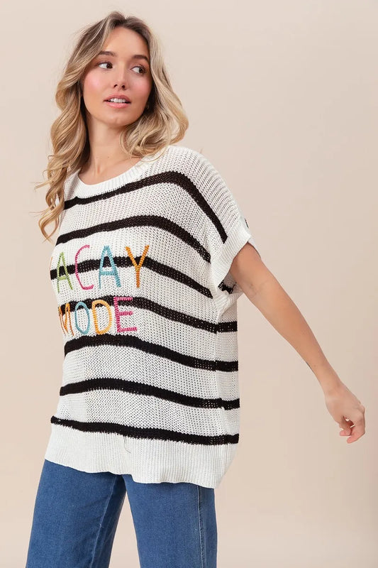 Image of BiBi Vacay Mode Lettering Drop Shoulder Striped Sweater | Queeble.shop