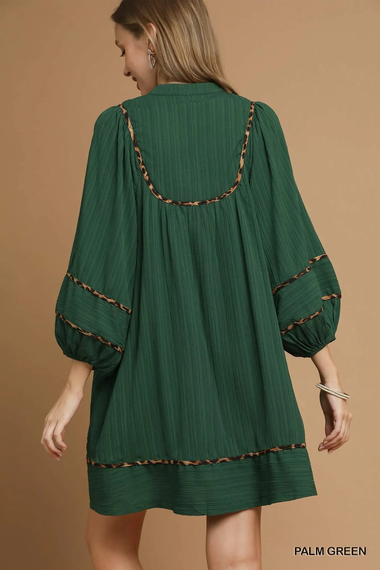 Image of Umgee Textured Babydoll Dress with Leopard Trim | Queeble.shop