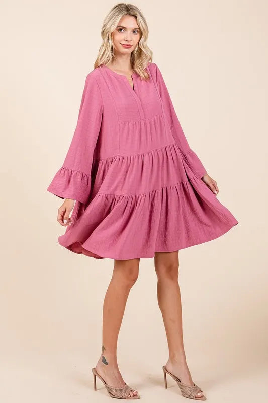 Image of Mittoshop Tiered Notched Flare Sleeve Dress | Queeble.shop