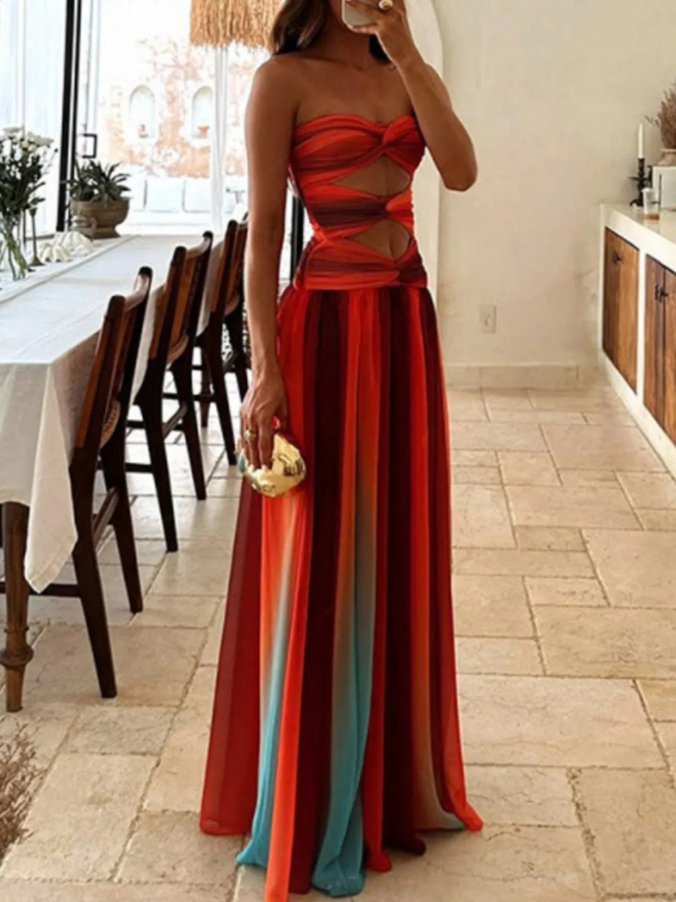 Image of Strapless Cut-Out Rainbow Gradient Maxi Dress | Queeble.shop