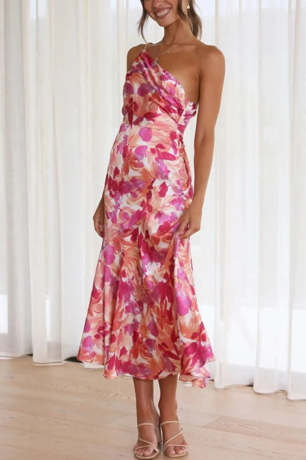 Image of Ruched Printed Single Shoulder Midi Dress | Queeble.shop