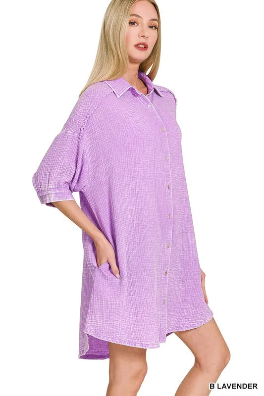 Image of Zenana Washed Double Gauze Button Down Shirt Dress | Queeble.shop