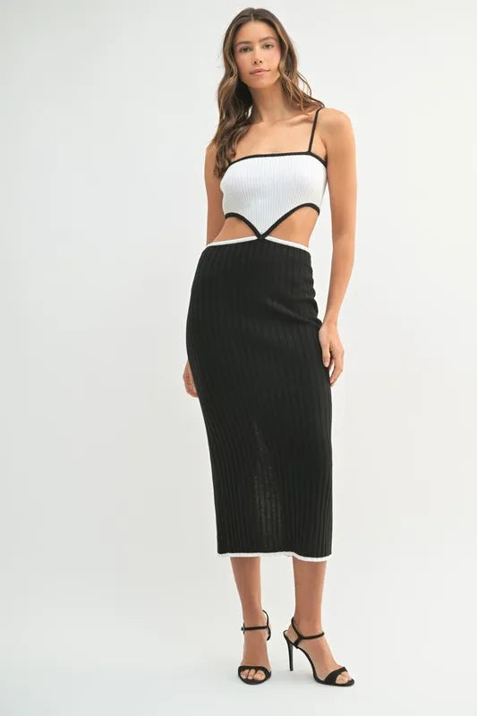 Image of MABLE Ribbed Knit Color Block Cutout Midi Dress | Queeble.shop