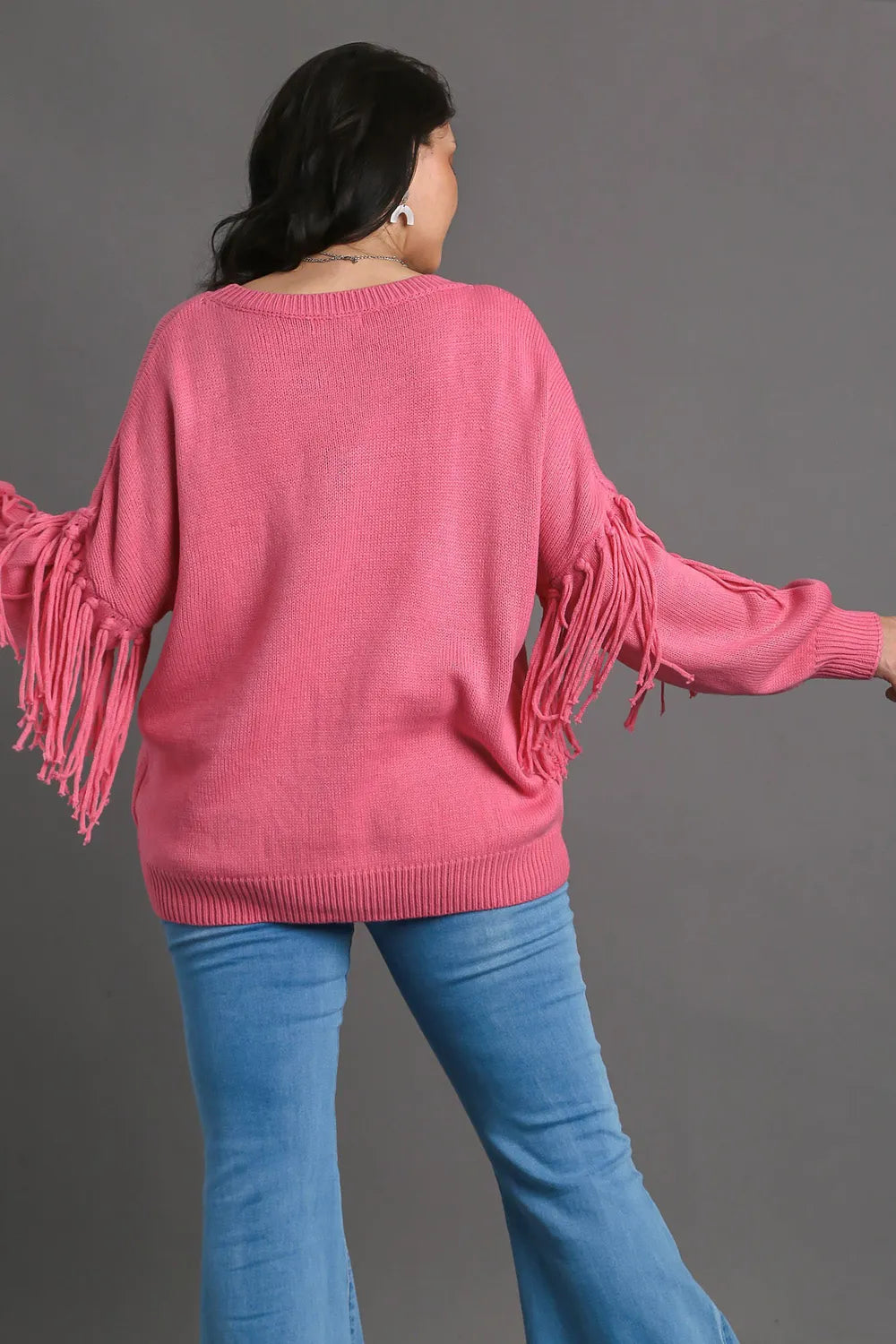 Image of Umgee Full Size Fringe Round Neck Long Sleeve Sweater Plus Size | Queeble.shop