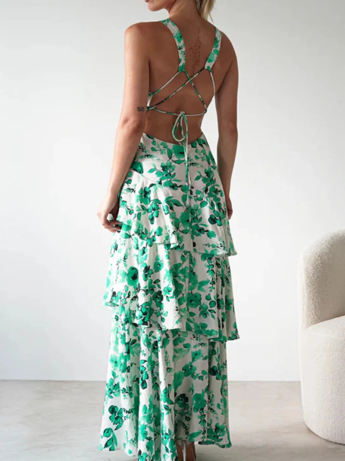 Image of Ruffled Layered Floral Deep V-Neck Dress | Queeble.shop