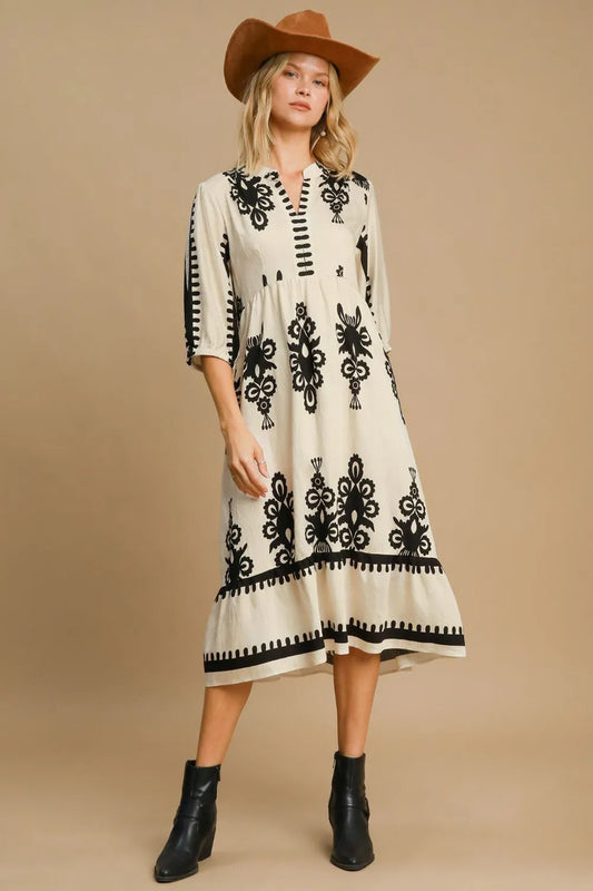 Image of Umgee Printed Notched Midi Dress | Queeble.shop