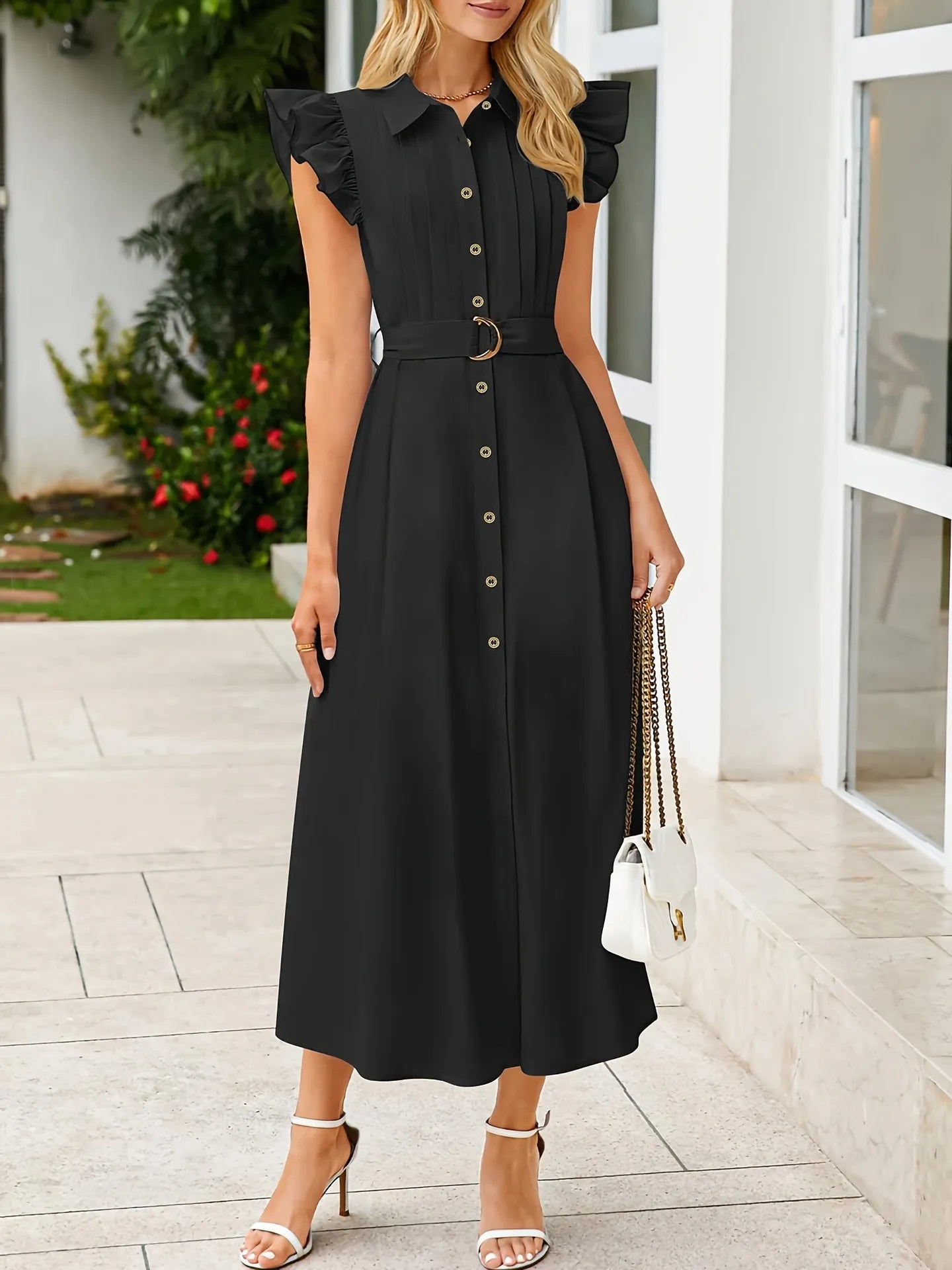 Image of Ruffled Button-Front Midi Dress | Queeble.shop