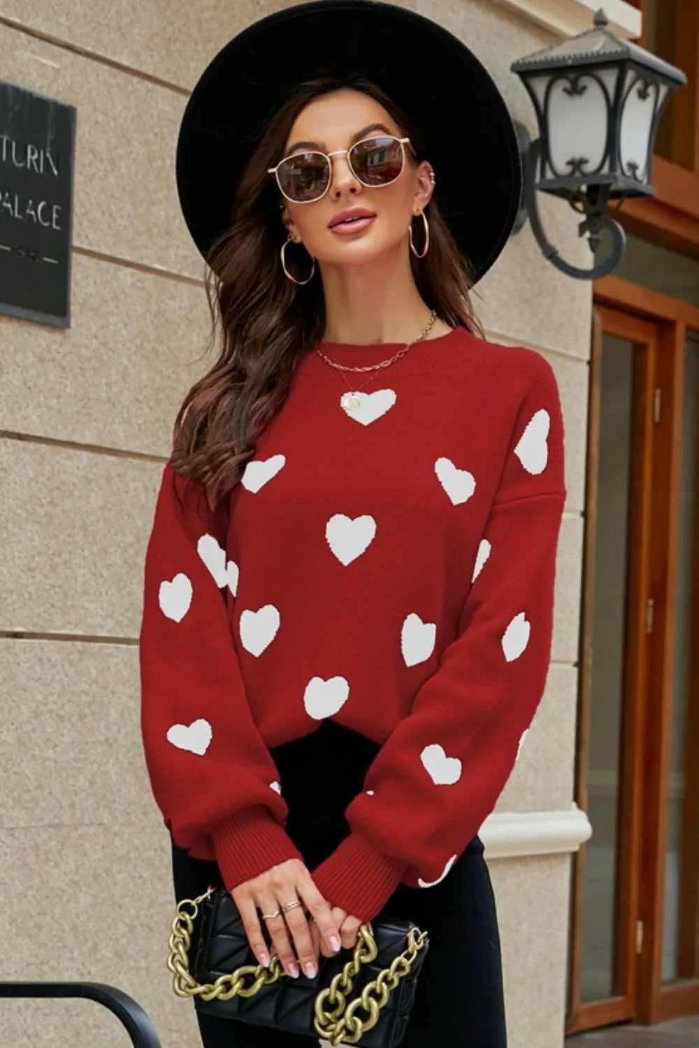 Image of Woven Right Heart Pattern Lantern Sleeve Round Neck Tunic Sweater | Queeble.shop
