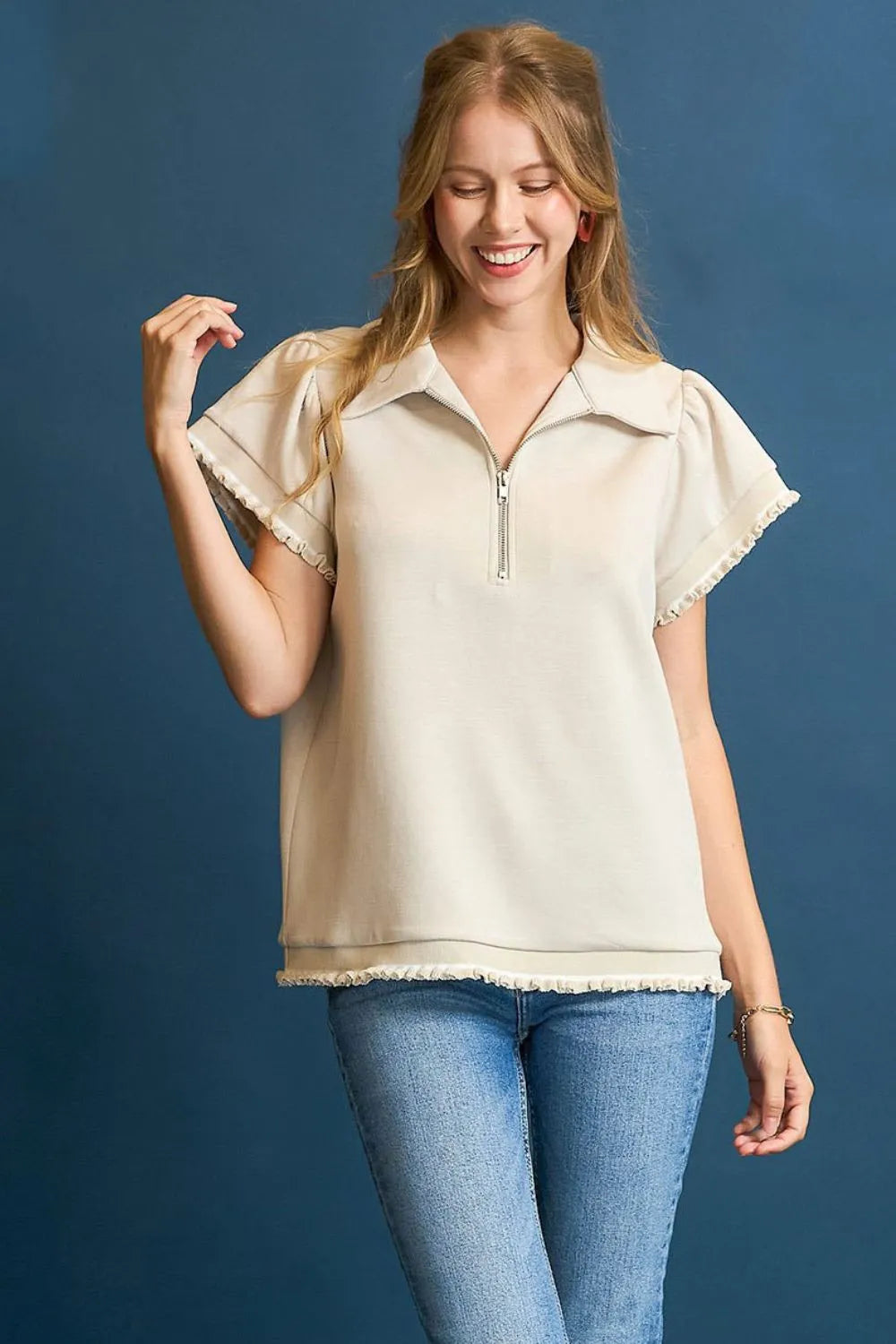 Image of Umgee Frill Hem Half-Zip Collared Blouse | Queeble.shop