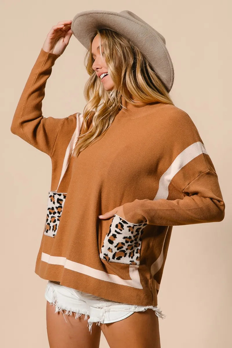 Image of BiBi Mock Neck Sweater with Leopard Pocket | Queeble.shop