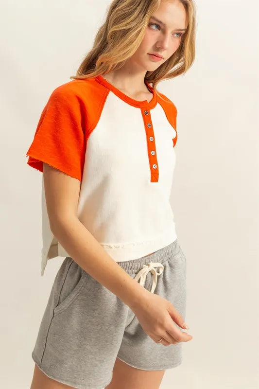 Image of HYFVE Side Slit Contrast Half Button Short Sleeve T-Shirt | Queeble.shop