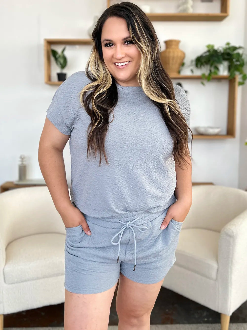 Image of Double Take Full Size Texture Short Sleeve T-Shirt and Drawstring Shorts Set | Queeble.shop