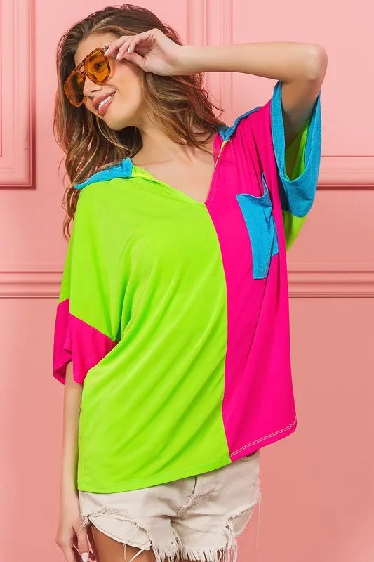 Image of BiBi Slinky Knit Color Block V Neck Front Top | Queeble.shop