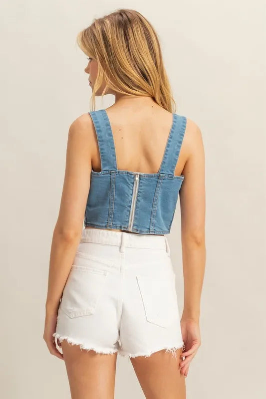 Image of HYFVE Washed Sweetheart Neck Wide Strap Denim Tank | Queeble.shop