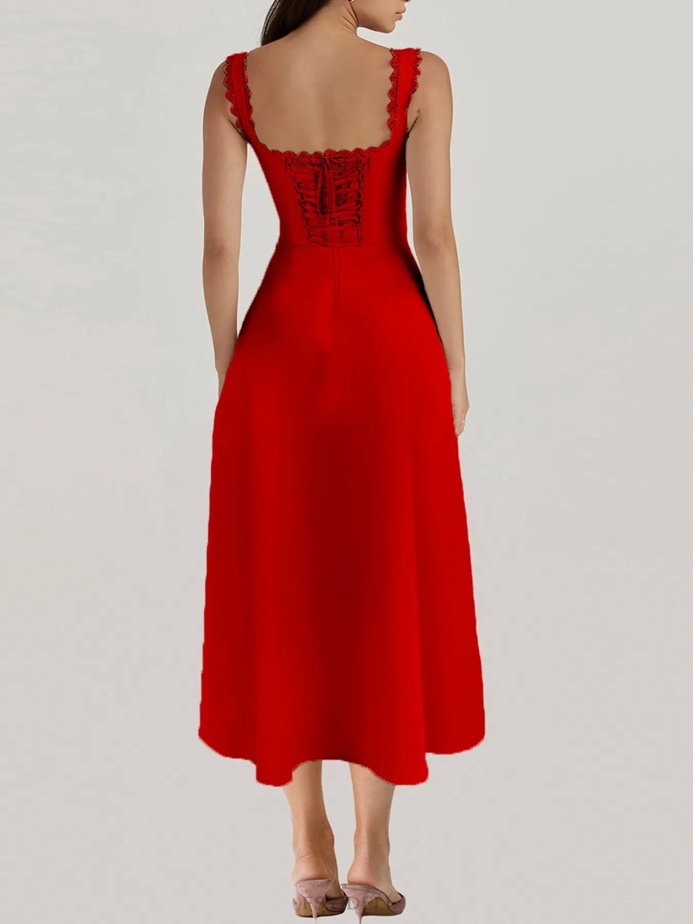 Image of Scalloped V-Neck Midi Dress with Back Lace-Up | Queeble.shop