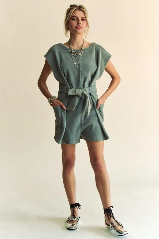 Image of Davi & Dani Acid-Washed Waffle Knit Cuffed Sleeves Romper | Queeble.shop