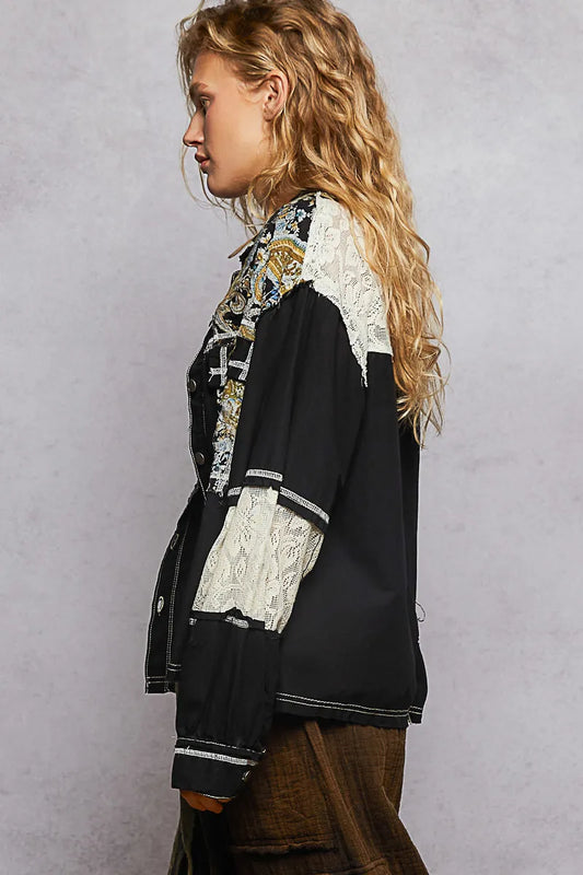 Image of POL Printed Woven Mix Raw Hem Jacket with Lace Detail | Queeble.shop
