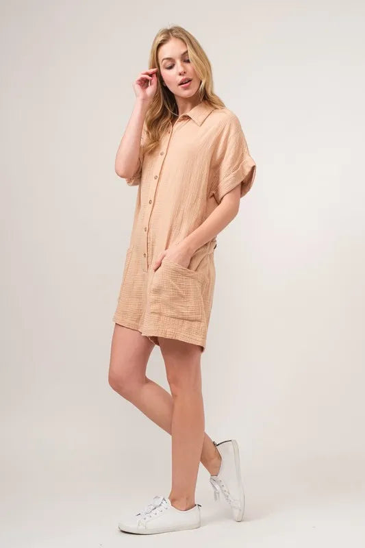 Image of And The Why Washed Gauze Roll-up Sleeve Comfort Utility Romper | Queeble.shop