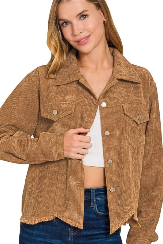 Image of Zenana Distressed Corduroy Frayed Hem Cropped Jacket | Queeble.shop