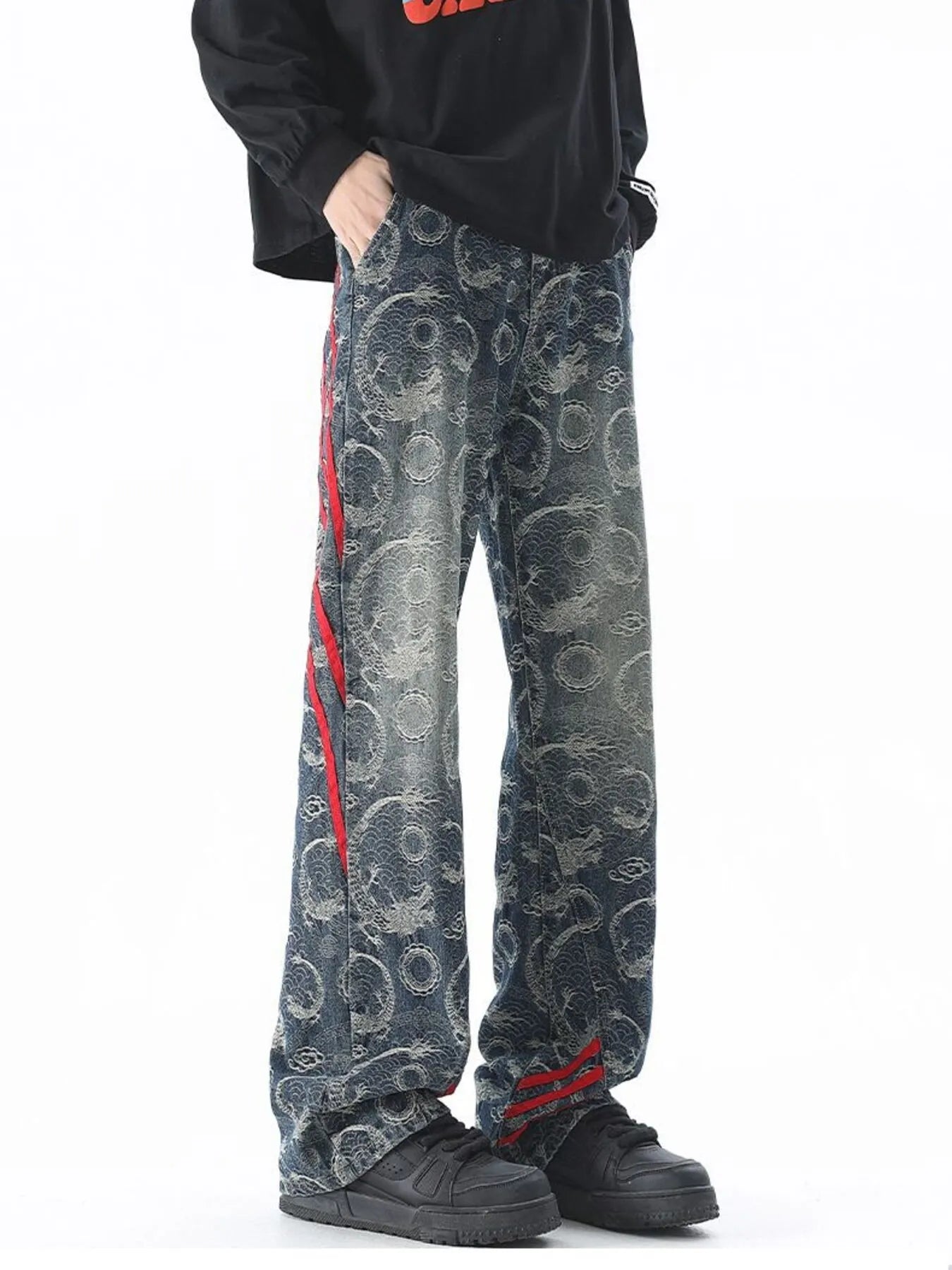 Image of Men's Plus Size Contrast Striped Wide Leg Jeans | Queeble.shop