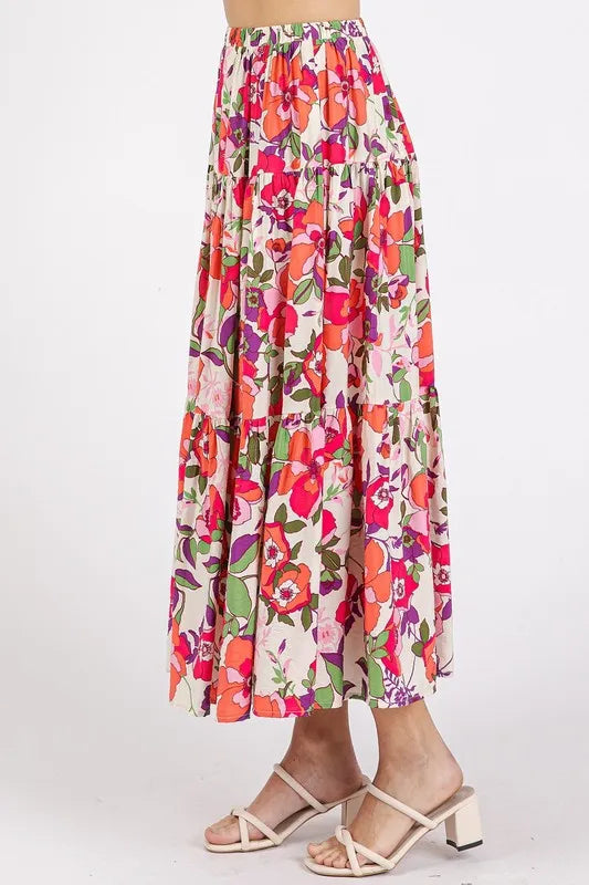 Image of Mittoshop Flower Print Elastic Waist Tiered Skirt | Queeble.shop