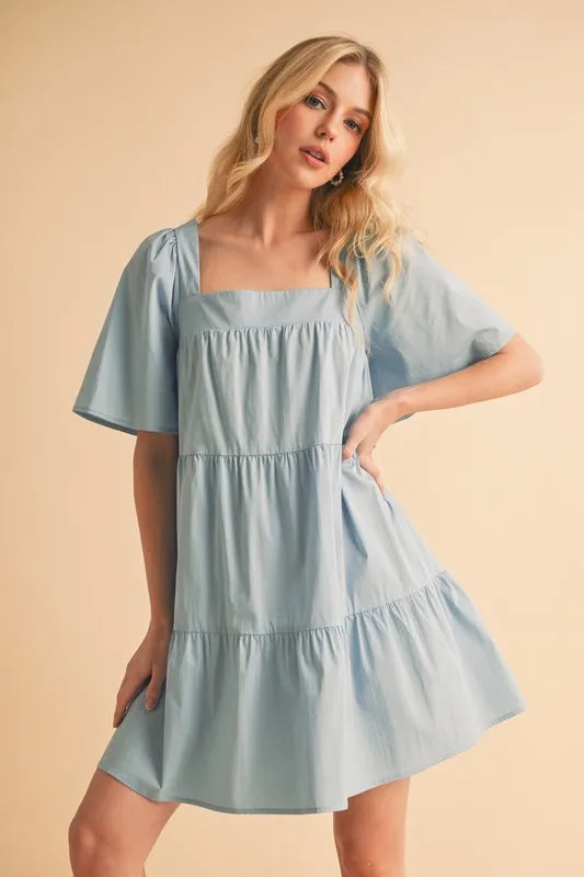 Image of Aemi + Co Square Neck Half Sleeve Tiered Dress | Queeble.shop