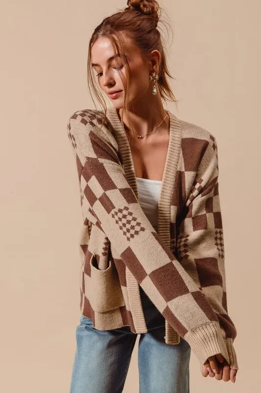 Image of SO ME Checkered Open Front Cardigan with Pockets | Queeble.shop