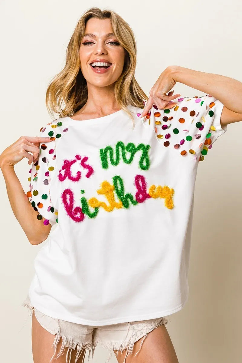 Image of BiBi Metallic Letter Spangle Raglan Puff Sleeve Top | Queeble.shop